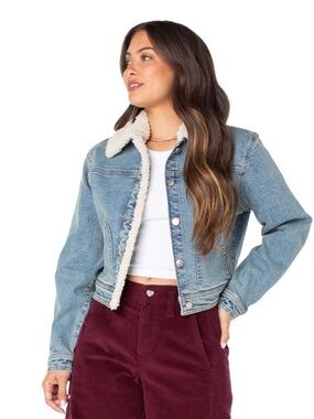 Celebrity Pink Blue Jean retro Denim Y2K sherpa collar bomber cropped Jacket SM